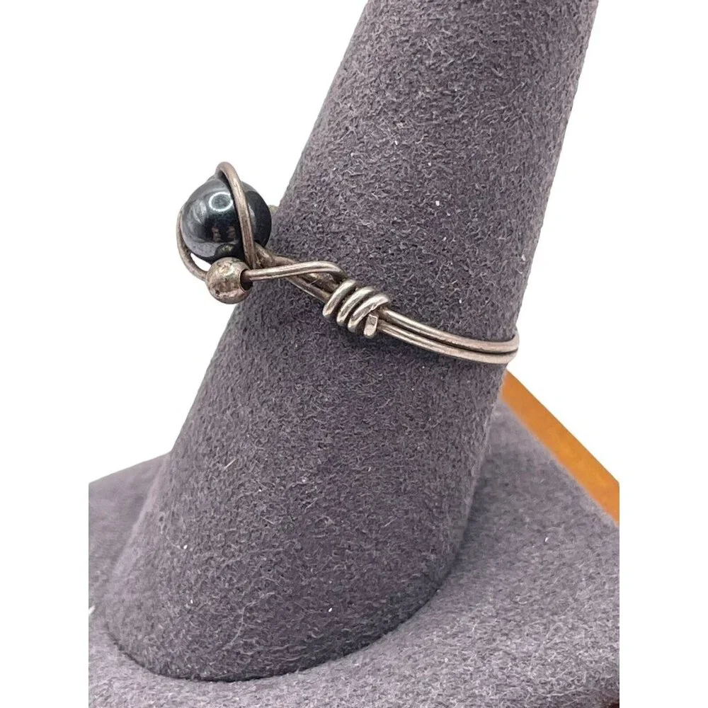 Hematite Sterling Silver Wire Wrapped Ring Size 7.75 Artisan Modernist Brutalist